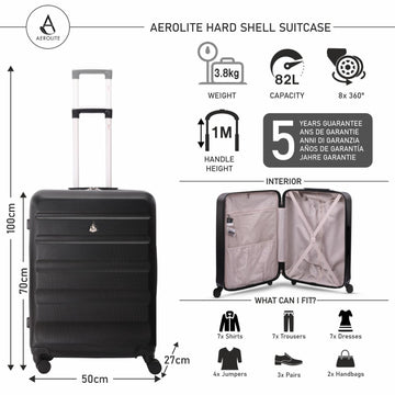 Aerolite 25" Medium Lightweight Hard Shell Checked In Hold Luggage Suitcase with 8 Wheels, 82L Capacity, 70x50x27cm (Black)